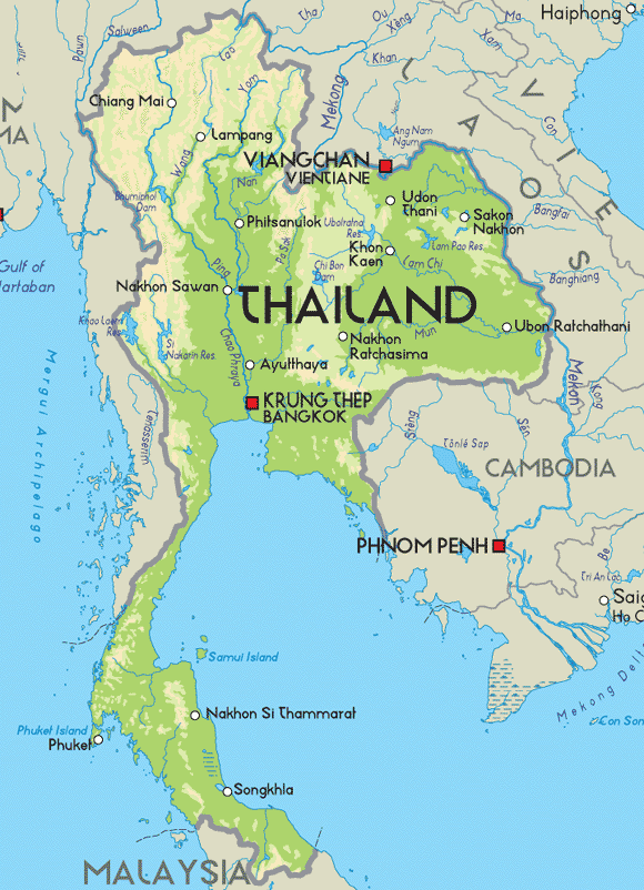 Physical Map of Thailand